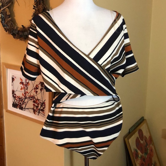 ASOPH Size 3X Peek-A-Boo Striped Wrap V-Neck Bodysuit Subdued Colors $48 NEW - Picture 2 of 11